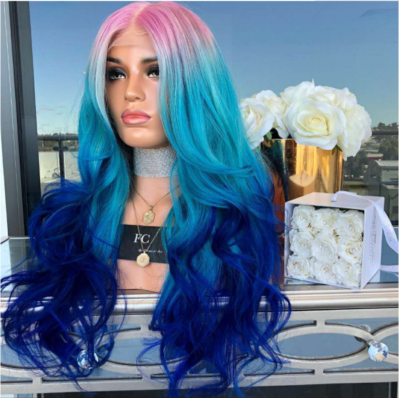 Mid-section Dyeing Three-color Gradient Wig Big Wavy Fluffy Hair